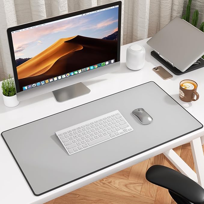 KTRIO Large Gaming Mouse Pad Desk Mat, Superior Micro-Weave Cloth, Non-Slip Rubber Base, Stitched Edges, Water-Resistant, for Gamer, Office & Home, 31.5 x 15.7 Inch,Silver Grey