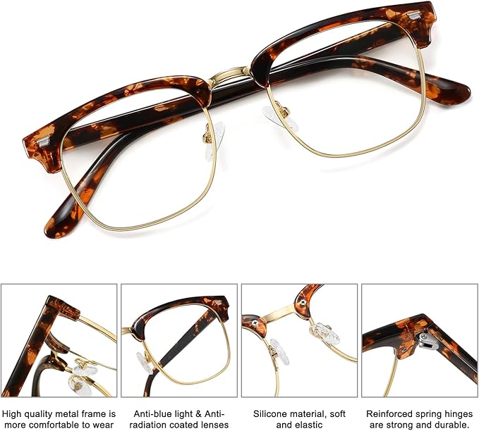 MEETSUN Blue Light Glasses Retro Half Frame Clear Lens - Anti-Eyestrain for Computer, Gaming & Phone Use | Women Men Fashion Bluelight Glasses(Leopard Frame+Tortoiseshell Frame / 2 PACK)
