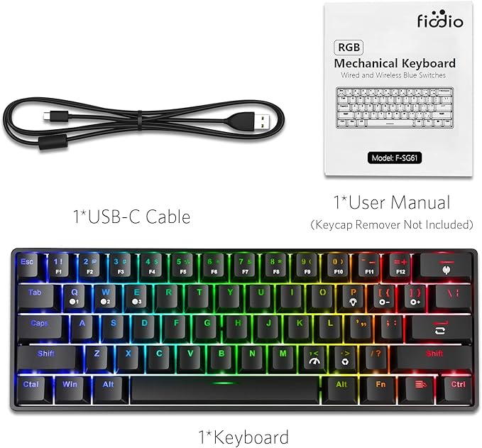61 Keys RGB Wireless and Wired Mechanical Gaming Keyboard with Blue Switches, Audible Click Sound Rainbow Portable Compact Mini Office Keyboard for Windows PC Gaming, (F-SG61)