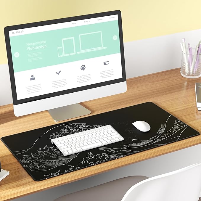 KTRIO Large Gaming Mouse Pad Desk Mat, Superior Micro-Weave Cloth, Non-Slip Rubber Base, Stitched Edges, Water-Resistant, for Gamer, Office & Home, 31.5 x 15.7 Inch,Kanagawa Wave