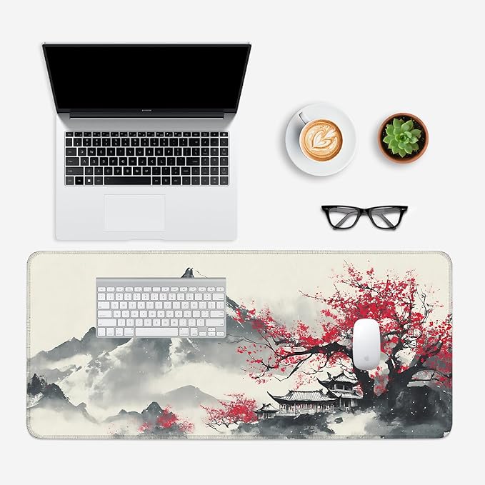 Mouse Pad, Large Anti-Slip with Stitched Edges Desk Mat Desktop Laptop Computer Desk Keyboard Mat,Table Protector Blotter Mat (Plum Blossom, 35.4" x 15.7")