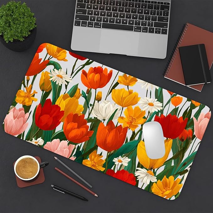 Large Mouse Pad, Red Floral Desk Mat for Desktop, Women Girls Flowers PU Leather Waterproof Desk Pad, Computer PC Laptop Protector Gaming Mouse Pads for School Office Home 31.5" x 15.7"