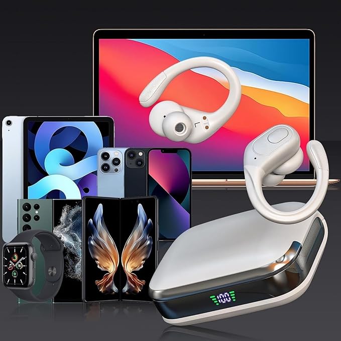 Bluetooth Headphones Wireless Earbuds with 75Hrs Playback, LED Display Charging Case, IPX7 Waterproof, Over-Ear Design Ear Buds for Sports/Running/Workout - White