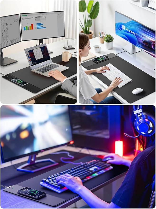2-in-1 Mouse Pad with Wireless Charging, Gaming Mouse Pad, 31.5"x15.8" Large Desk Mat for Laptop/Keyboard, Waterproof Smooth Surface, Non-Slip Base, No Adapter