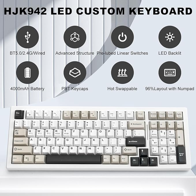 Wireless Game Mechanical Keyboard BT5.0/2.4GHz/USB, Multi-Color LED with 18+ Modes, Hot-Swappable Custom Keyboard, Red Creamy Switches, Gaming Keyboard for PC/Mac (Black White)