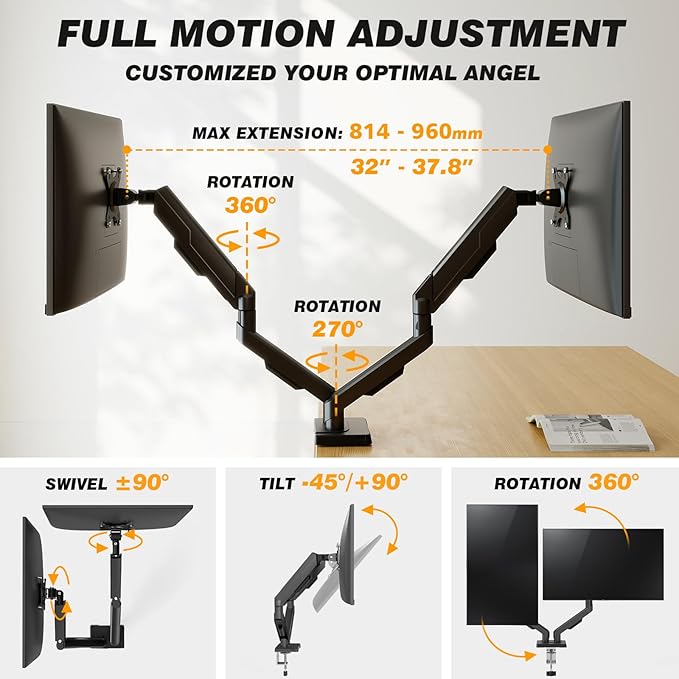 5Rcom Dual Monitor Stand for 17-34 inch Computer Screens, Full Motion Monitor Dual Monitor Arms, Dual Monitor Arms Hold up to 22lbs, Gas Spring Monitor Stand, 75/100mm VESA Mount