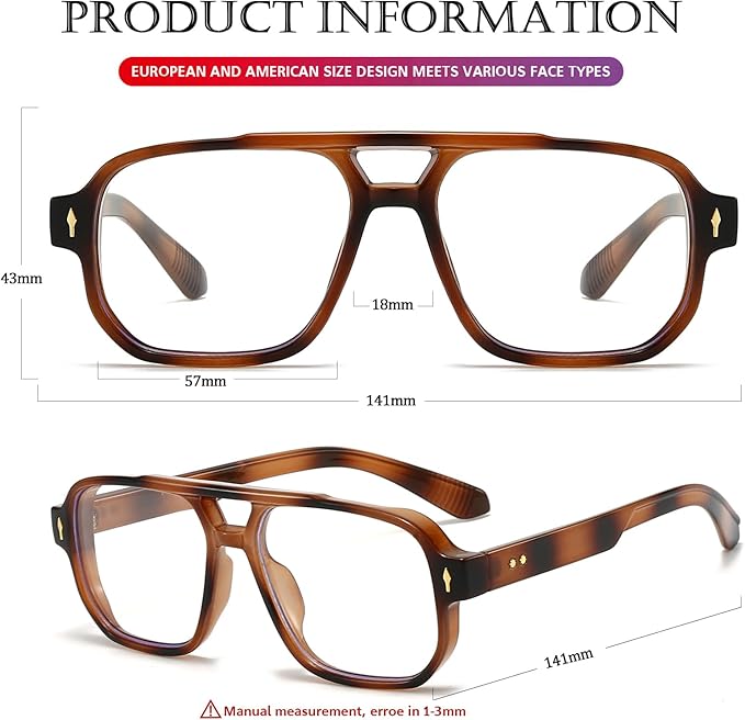 PORADAY Blue Light Blocking Glasses for Women Men 70s Retro Square Aviator Eyeglasses Rectangle Computer Eyewear