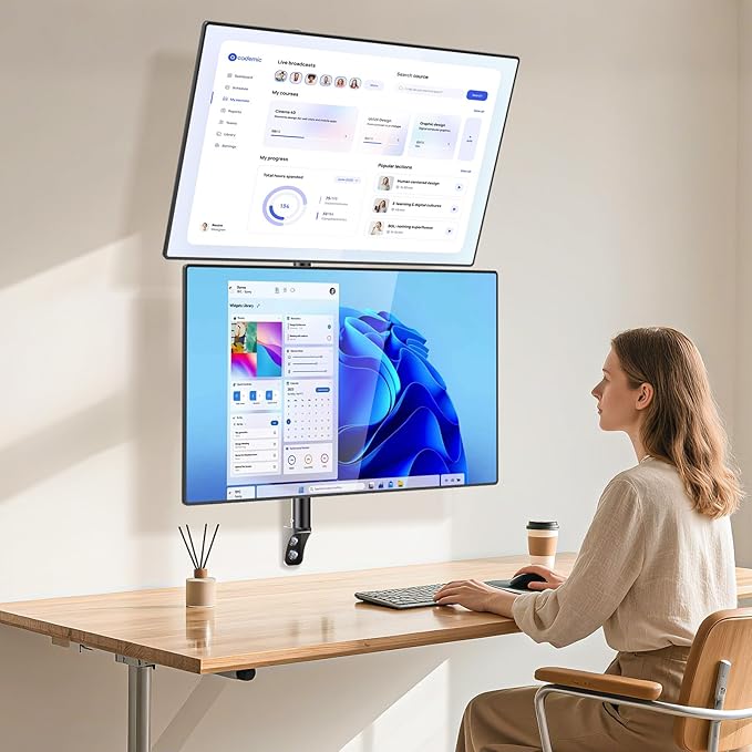 WALI Vertical Dual Monitor Wall Mount, Stacked Monitor Wall Mount for 17-49 Inch 2 Screens 44lbs each with Height Adjustment Heavy Duty Sturdy Steel Tilt Swivel Rotate Flexibility VESA 75x75/100x100mm