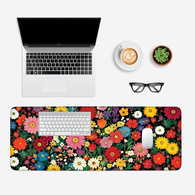 Mouse Pad, Large Anti-Slip with Stitched Edges Desk Mat Desktop Laptop Computer Desk Keyboard Mat,Table Protector Blotter Mat (Flower, 31.5" x 11.8")