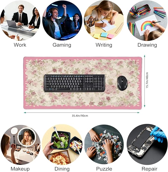 Aesthetic Floral Desk Pad for Women, Pink XXL Large Mouse Pad with Stitched Edges, Non-Slip Office & Home Desk Mat for Computer, Keyboard, Cute Office Decor & Supplies