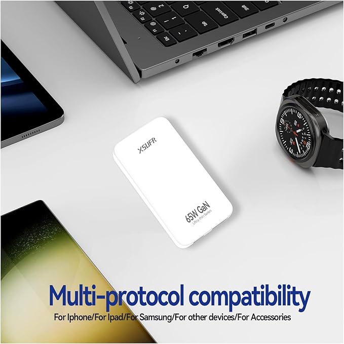 65W Flat USB C Wall Charger,2 Port Ultra-Slim USB C GaN Charger with Foldable Plug for MacBook, iPhone 16/15/14/13/12/11/Pro Max/XS/XR,Galaxy S24/S23/Note20,Includes 2.28ft Fast Charging Cable,White