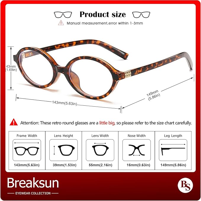 Breaksun Fashion Oval Glasses for Women Men Retro Round Tortoise Frame Blue Light Glasses Nerd Eyeglasses