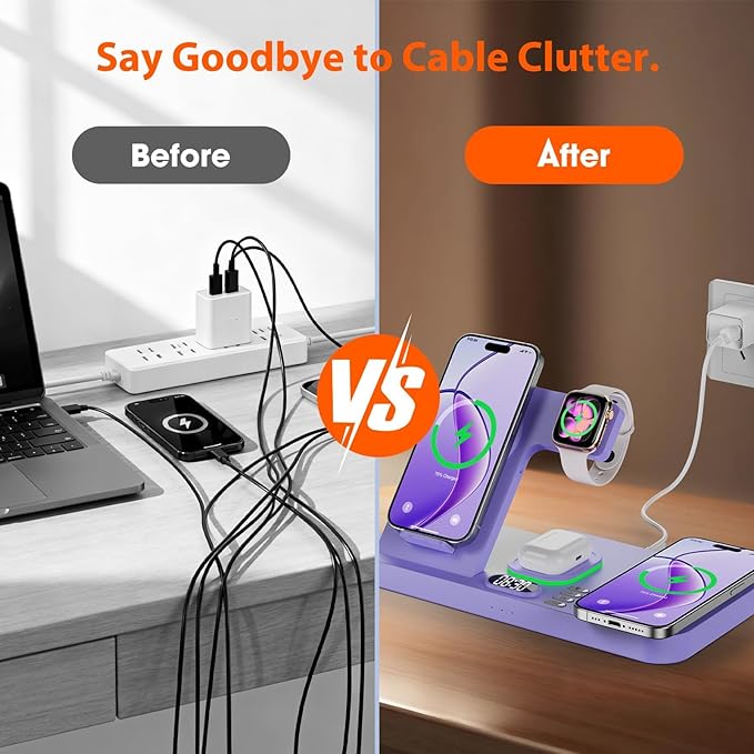 Dual Phone Magnetic Wireless Charging Station for Apple Ecosystem, Wireless Charging Station for Apple Devices with Auto Switch 7-Color Light & Clock,for iPhone17,for iwatch10, for AirPods Pro3(Puple