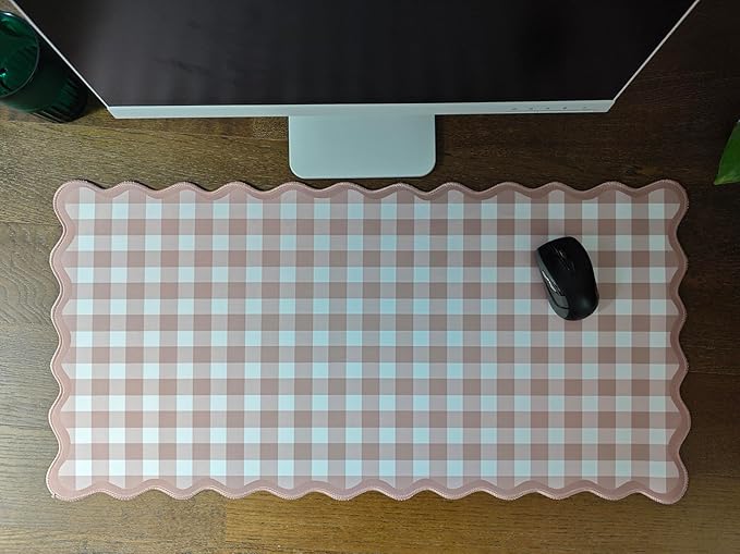 Scalloped Checkered Desk Mat Cute Brown Gingham XXL Large Gaming Mouse Pad Farmhouse Cottagecore Vintage Keyboard Computer Mat Pad for Desktop Aesthetic Cozy Office Desk Decor