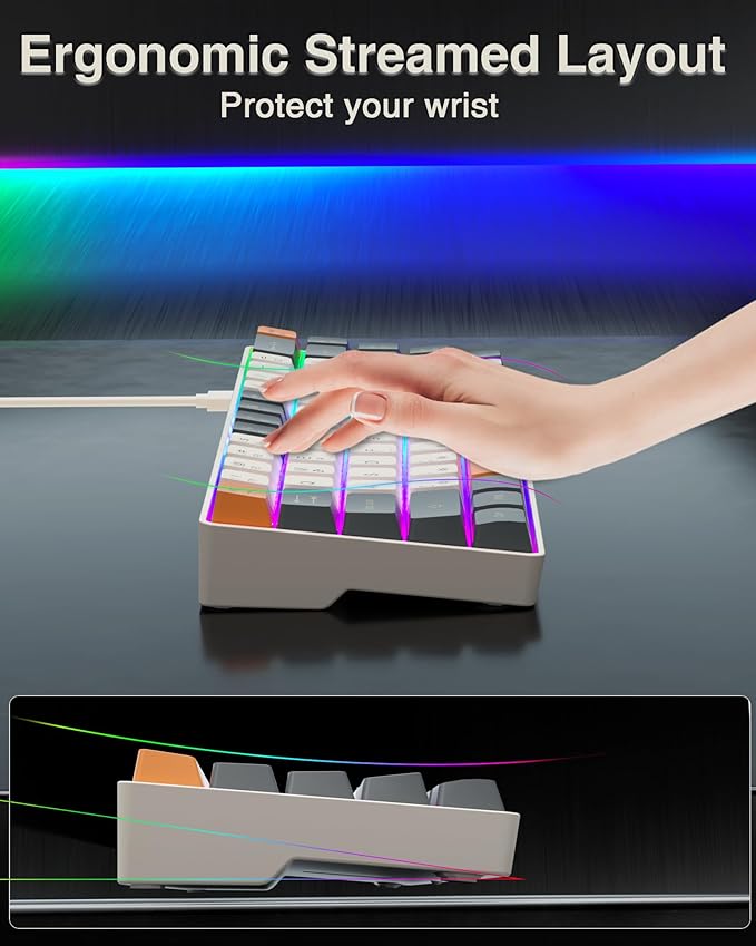 60 Percent Keyboard,RGB Backlit Gaming Keyboard USB-C Wired,Portable 68 Keys Compact Mini Keyboards for Business Trips,Office,PC Games (SK968,Grey&Orange)