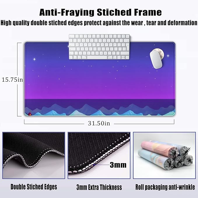 Purple Large Gaming Mouse Pad Extended Kawaii Cute Desk Mat Pad Anime Mousepad XXL Night Keyboard Pad Computer Laptop Mouse Mat Office Desktop Decor Pad 31.5x15.7 in