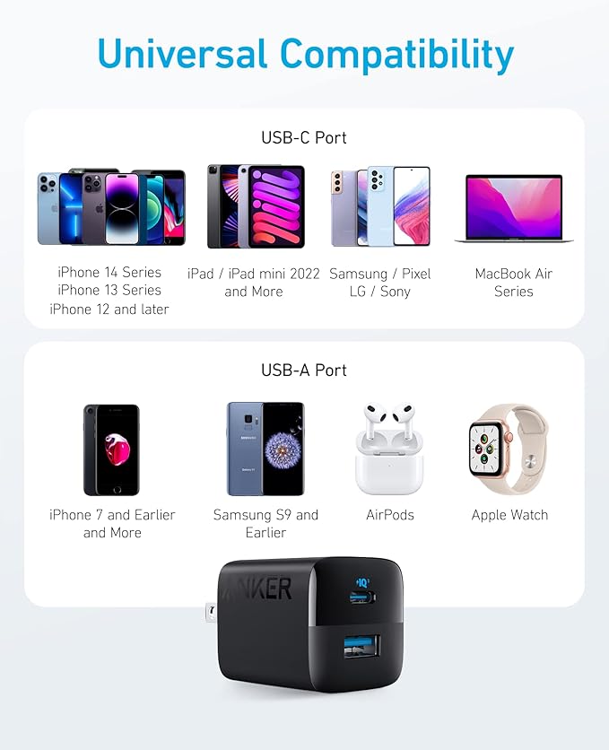 Anker USB C Charger Block, 33W 2 Port Compact Charger with Foldable Plug for iPhone 17/16 Series, Galaxy, and More (Cable Not Included, Black)