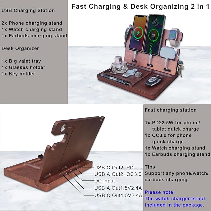 Wood Phone Docking Station with 4 USB PD & QC3.0 Fast Charger,Nightstand Organizer for Men, Dual Phone Charging Station for iPhone Samsung Google Android Anniversary Birthday Gifts for Men Him