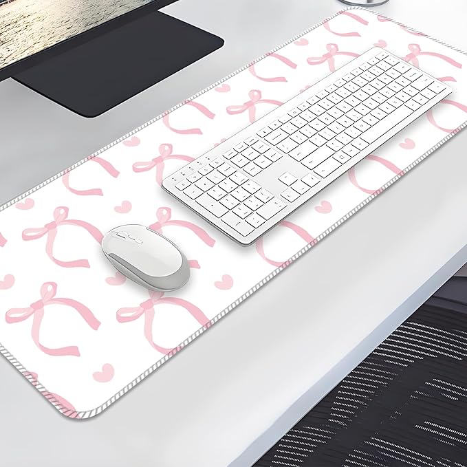Desk Mat,Big Desk Pad,31.5 x 11.5in Extended Gaming Mouse Pad,Large Mouse Pad for Desk Rubber Base Mousepad with Stitched Edges,Keyboard Mouse Mat for Work Game Office Home - Pink Bow Tie