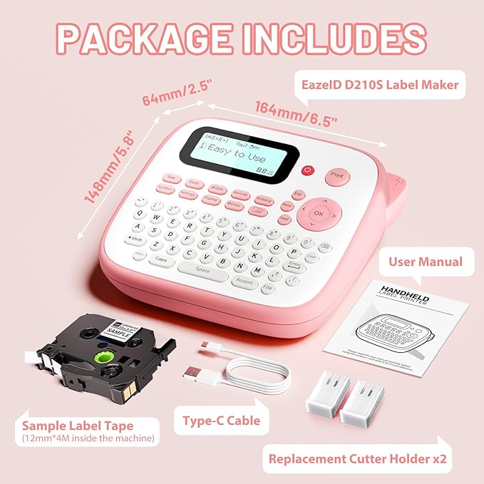 Pink Label Maker Machine with-Tape Waterproof, Portable Kids Label Maker, Keyboard Labeler Handheld, D210S Easy Labeler Machine with Multiple Fonts Frame Barcode for Home Office School Supplies