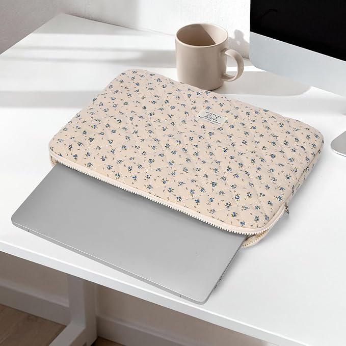 Puffy Laptop Sleeve Case Cute Computer Bag Flower Printed Quilted Laptop Carrying Cases Floral Pattern Protective Cover