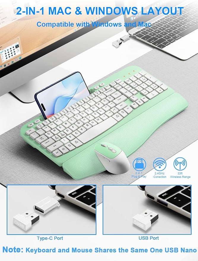 Wireless Keyboard and Mouse Combo, Wave Keys Computer Ergonomic Keyboard with Cushioned Plam Rest, Phone Holder, 2.4GHz Silent 6 Button Wireless Mouse Set for Laptop, PC, Windows, Mac (Mint Green)