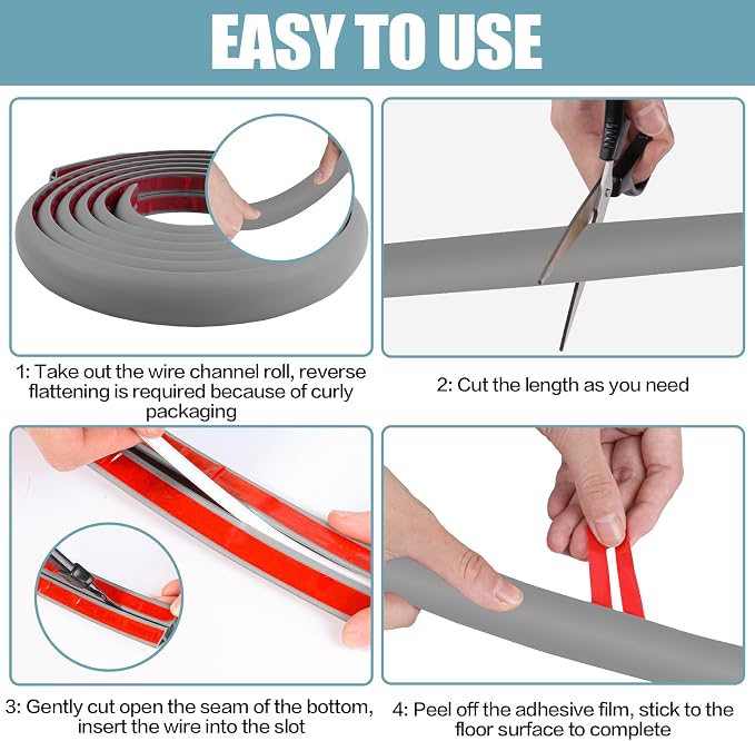Floor Cord Cover Self Adhesive Cord Hider,3.3FT Cable Management, Extension Strip Protector for Wires, Prevent Cable Trips for Offices, Gyms, Exhibitions Cavity:0.39"(W) x 0.27"(H) Gray - Image 8