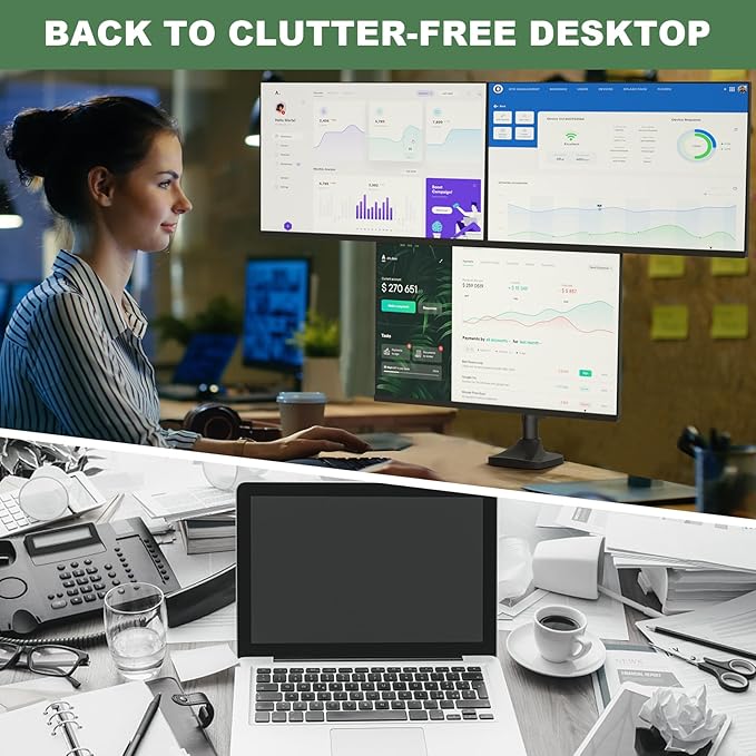UPGRAVITY Triple Monitor Stand for Three Computer Screens up to 32”, Heavy Duty C-Clamp Base, Fully Adjustable Gas Spring 3 Monitor Desk Mount Arms Hold up to 30.9 lbs Each