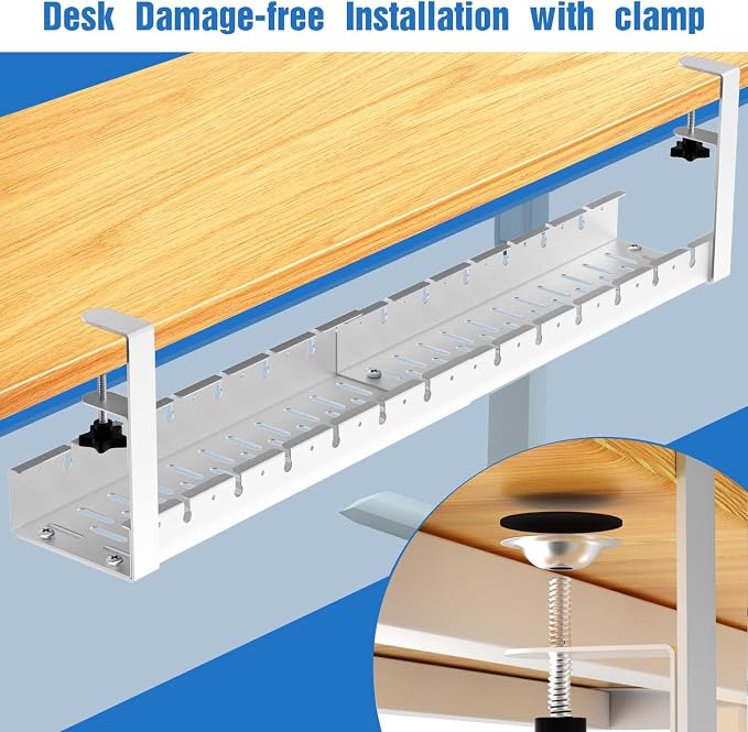 No Drilling Under Desk Cable Management, Metal Cable Management Tray Under Desk with Clamp, Retractable Power Strip Cord Holder for Wire Management 31Inch (2 Pack White) - Image 6