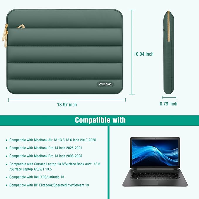 MOSISO Laptop Case 13.3 inch,13-13.3 inch Puffy Laptop Sleeve Compatible with MacBook Air 13.6 M5 M4 M3 M2 M1/Neo/Pro 13/14,HP Dell ASUS Lenovo,Polyester Horizontal Bag with Small Case,Emerald Green