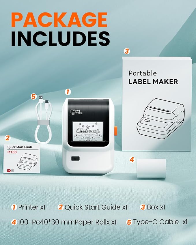 Label Maker, M100 Address Label Printer, Versatile App with 4000 Icons and 300 Templates, Barcode Bluetooth Label Printer for Small Business, Home, Office, School Organization, White