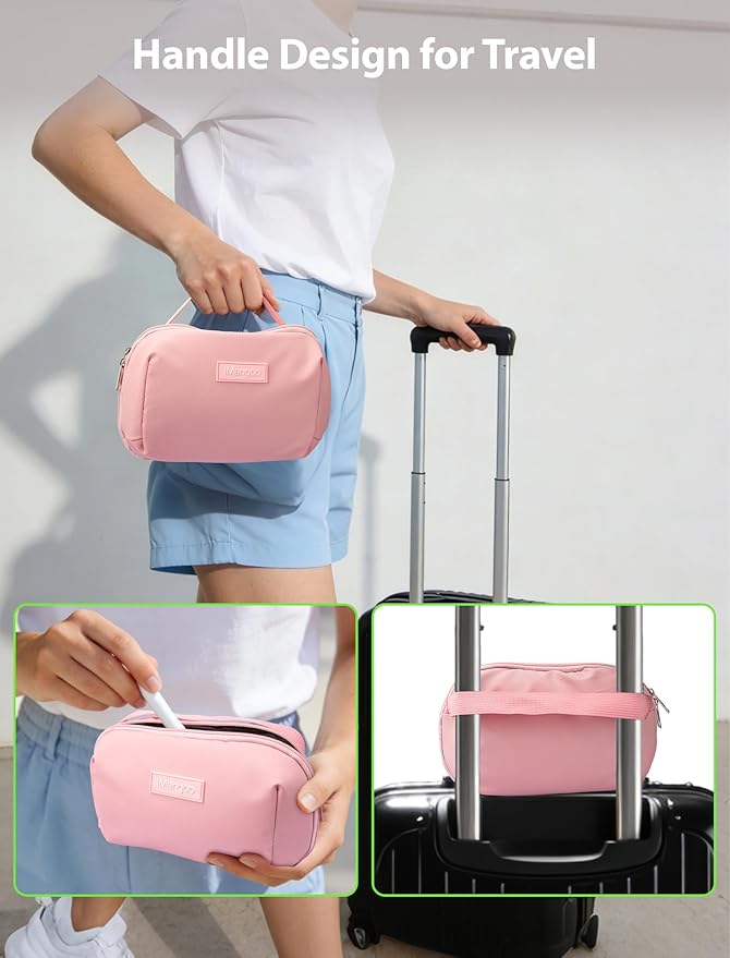 iMangoo Tech Organizer Travel Case 150° Open Large Storage Pouch Purse for Women Zipper Waterproof Bag Power Bank Portable Charger Cable Cord Electronics Accessories Trip Travel Essentials Bags Pink