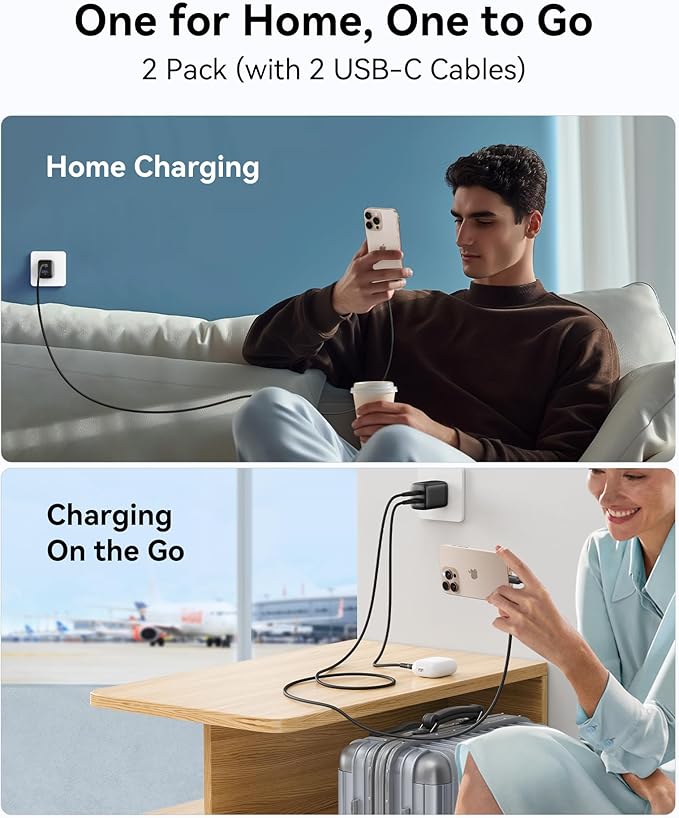 INIU Dual Port Fast Charger, 2-Pack 30W PD QC Type C Charging Block With 5ft USB-C Cable, Compact USB C Wall Charger With Foldable Plug for iPhone 17 16, Samsung S25 S24, Students, Kid, Emergency, Red