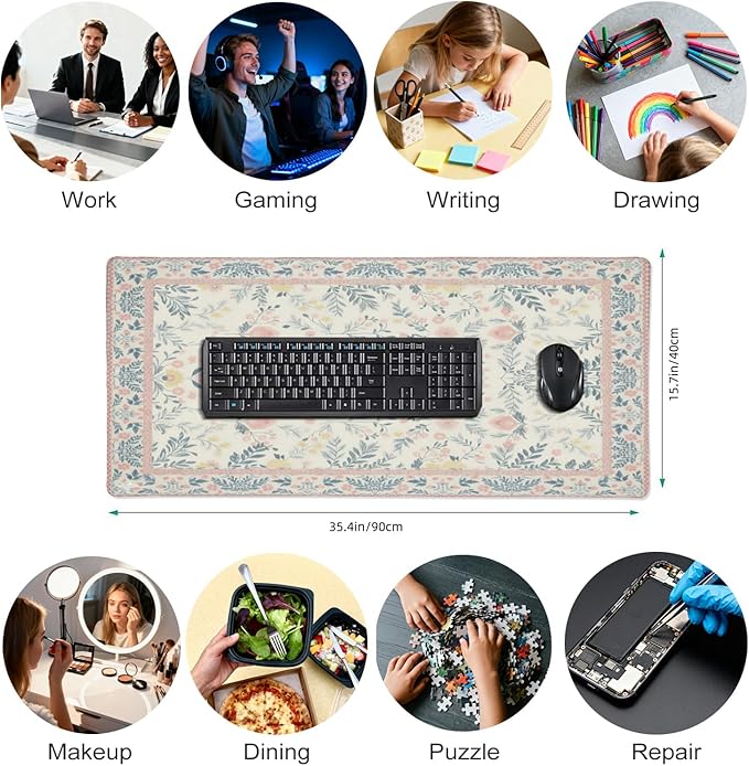 XXL Large Floral Mouse Pad - Pink Flower Desk Mat with Stitched Edges & Anti-Slip Base, Cute Computer Keyboard Mat for Office & Home, Desk Decor for Women