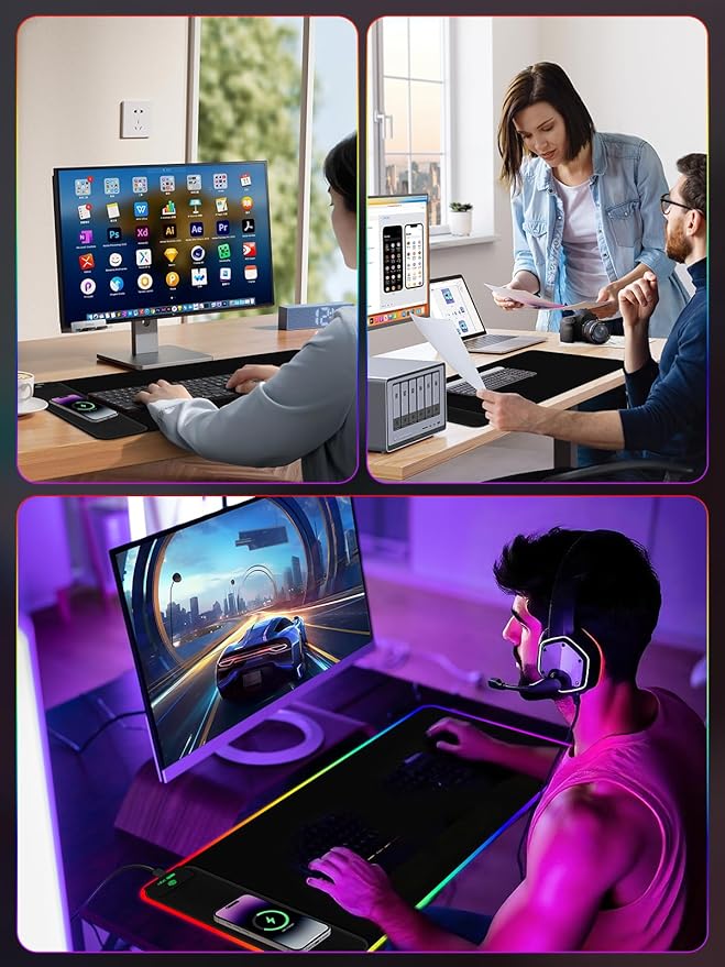 2-in-1 RGB Gaming Mouse Pad with Wireless Charging, 31.5"x15.8" Large, 24 Light Effects, Non-Slip Base, Waterproof Ultra-Smooth Surface, No Adapter