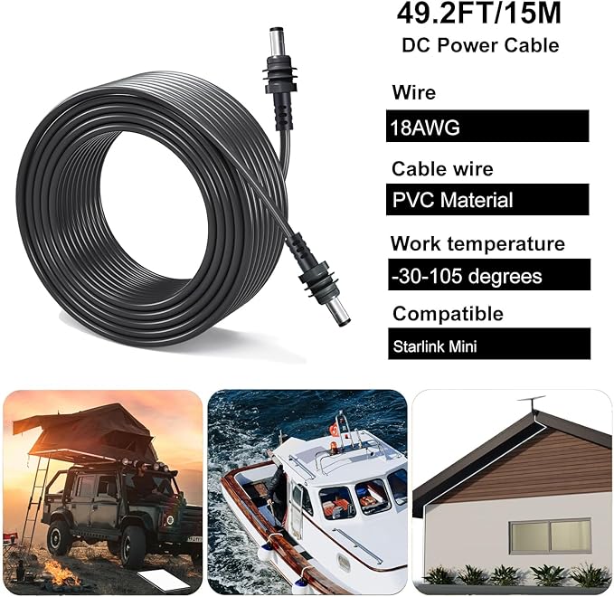 Starlink Mini DC Power Cable, 18AWG 15M/49.2FT, Grey, Female-to-Male, Indoor/Outdoor, DC Power, Starlink Mini Compatible