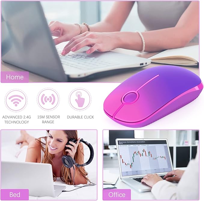 Unipows Wireless Mouse - 2.4G Slim Portable Computer Mouse with Nano Receiver, Less Noise Mobile Optical Mice for Notebook, PC, Laptop, Computer, Mac (Gradient Purple)