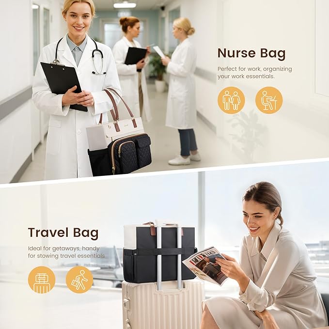 LOVEVOOK Tote Bag for Women, Work Bag with Large Cup Holder, Large Capacity Teacher Tote with Multi Pockets, Water Resistant Nurse Diaper Tote Fit 17.3 Inch Laptop, 17.3 Inch Black Beige Brown