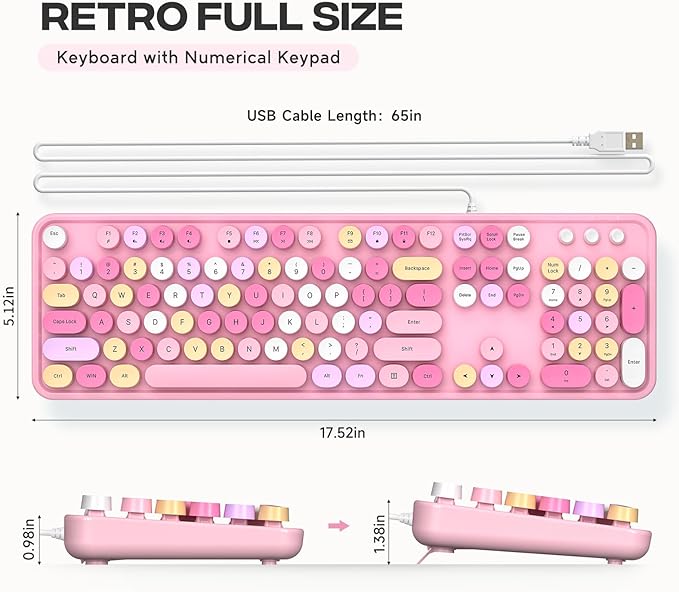 Wired Keyboard, 104 Keys Full-Sized Typewriter Keyboards, USB Plug and Play Office Keyboard with Number Pad, Caps Indicators, Foldable Stands for Windows, PC, Laptop (Pink Colorful)