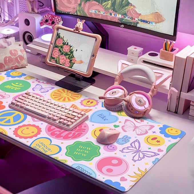 Baziabbo Desk Mat,XXL Extended Large Mouse Pad,Gaming Mousepad with Stitched Edge,Non-Slip Rubber Base Keyboard Desk Pad for Home Office Study Game(Y2-Pink)
