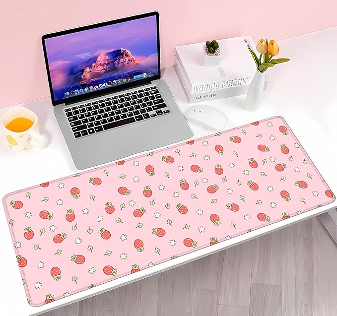 Pink Cute Desk Mat, Strawberries Mouse Pad XL, Aesthetic Hearts Desk Pad, Pastel Kawaii Deskmat, Laptop Office Gaming Computer Home Mice Mat Mousepad Stylish Office Gift, 31.5 X 11.8 Inch