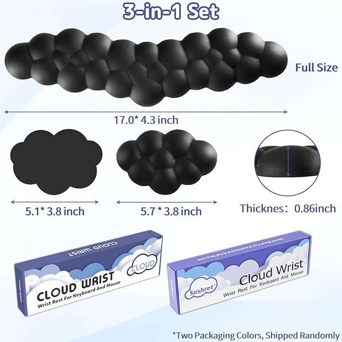 Sushret Cloud Wrist Rest for Keyboard and Mouse, Memory Foam PU Leather Keyboard Wrist Rest with Ergonomic Support, Non-Slip Base, Cute Arm Rest Pad & Palm Cushion, Office Desk Accessory, Black