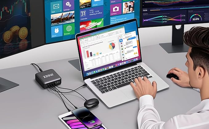 220W USB C Charger Block GaN III USB Desktop Charging Station 6 Ports QC4.0 Fast Charging Station Hub+PD 100W Type C Laptop Charger Adapter Compatible with MacBook Pro Laptop Tablet and Phone