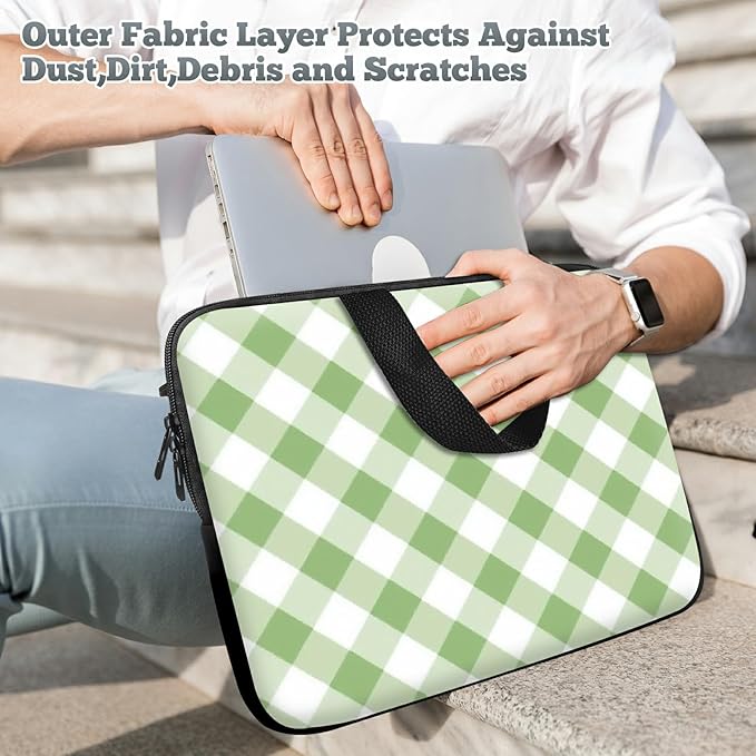 Laptop Sleeve Case Bag 15 inch, Green and White Checkered Slim Carrying Case Handbag Travel Laptop Bag for 15 inch MacBook Air M3/M2/15 Pro/Surface Laptop 7/6/5/4/3/ Dell XPS 15 Plus