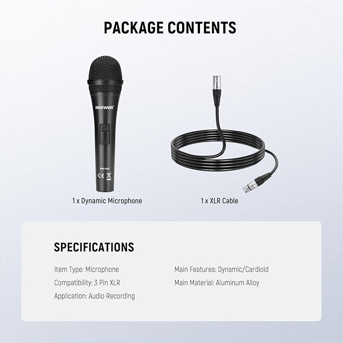 NEEWER NW-040 Cardioid Dynamic Microphone with XLR Cable, Rigid Metal Housing, Unidirectional Pickup Mic for Musical Instruments Voice Public Speech Podcast Singing PC Gaming Streaming Studio, Black