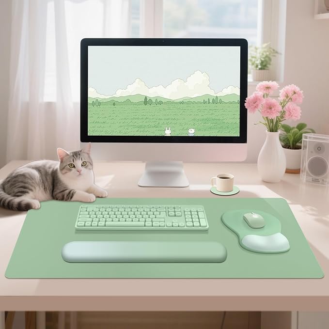 4-in-1 Large Gaming Mouse Pad, Keyboard Wrist Rest Pad & Wrist Support Mousepad Set, Extended Desk Pad Waterproof Desk Mat Protector for Home Office Decor Study Game 35.4×15.7 Inches I Sage Green