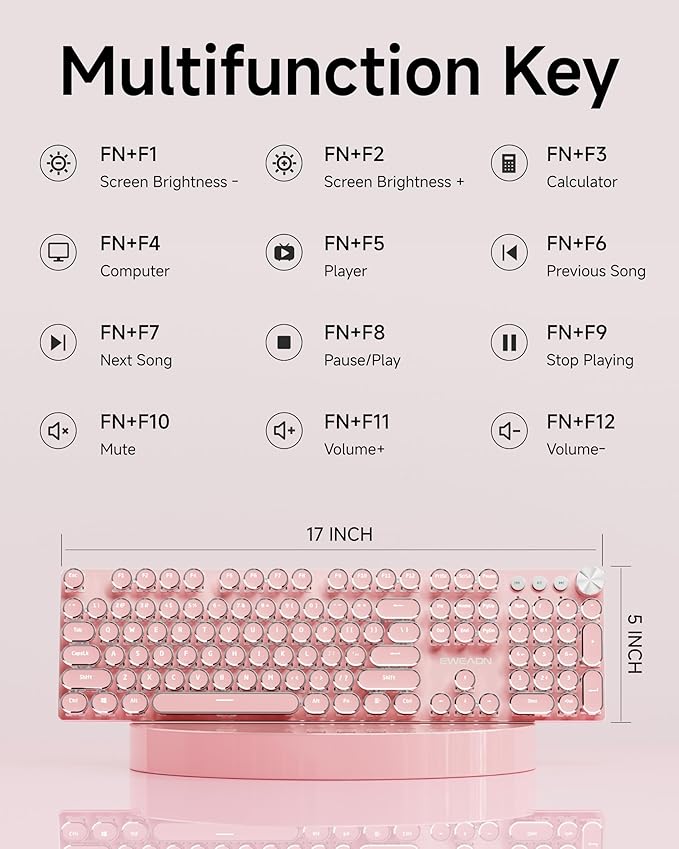 EWEADN V20 Typewriter Keyboard Wireless,104 Keys Typewriter Style Mechanical with White Backlit, Media Knob, White Switch 2.4G/Bluetooth/USB-C Retro Full Size Keyboard for Windows/Mac/PC-Dark Pink