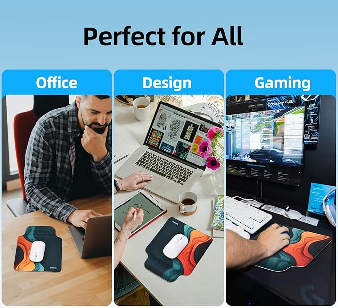 TIDALSOIL Ergonomic Mousepad with Slow-Rebound Memory Foam Wrist Rest - Ultra Smooth Surface, Non-Slip Base, Desk Essential for Office, Design, Gaming, 9.4"x8.1"