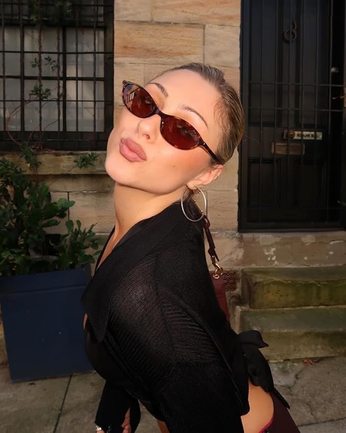 GUVIVI Retro Oval Sunglasses for Women Chic Cat Eye 90s Sunnies Lightweight Narrow Shades Trendy UV protection Sun Glasses