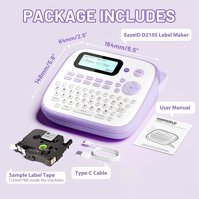 Label Maker Machine with-Tape Waterproof, Desktop Label Maker, Portable Labelmaker Purple for Teachers Kids Classroom, Labeler with Multiple Symbols &Fonts for Home Office School Use, D210S